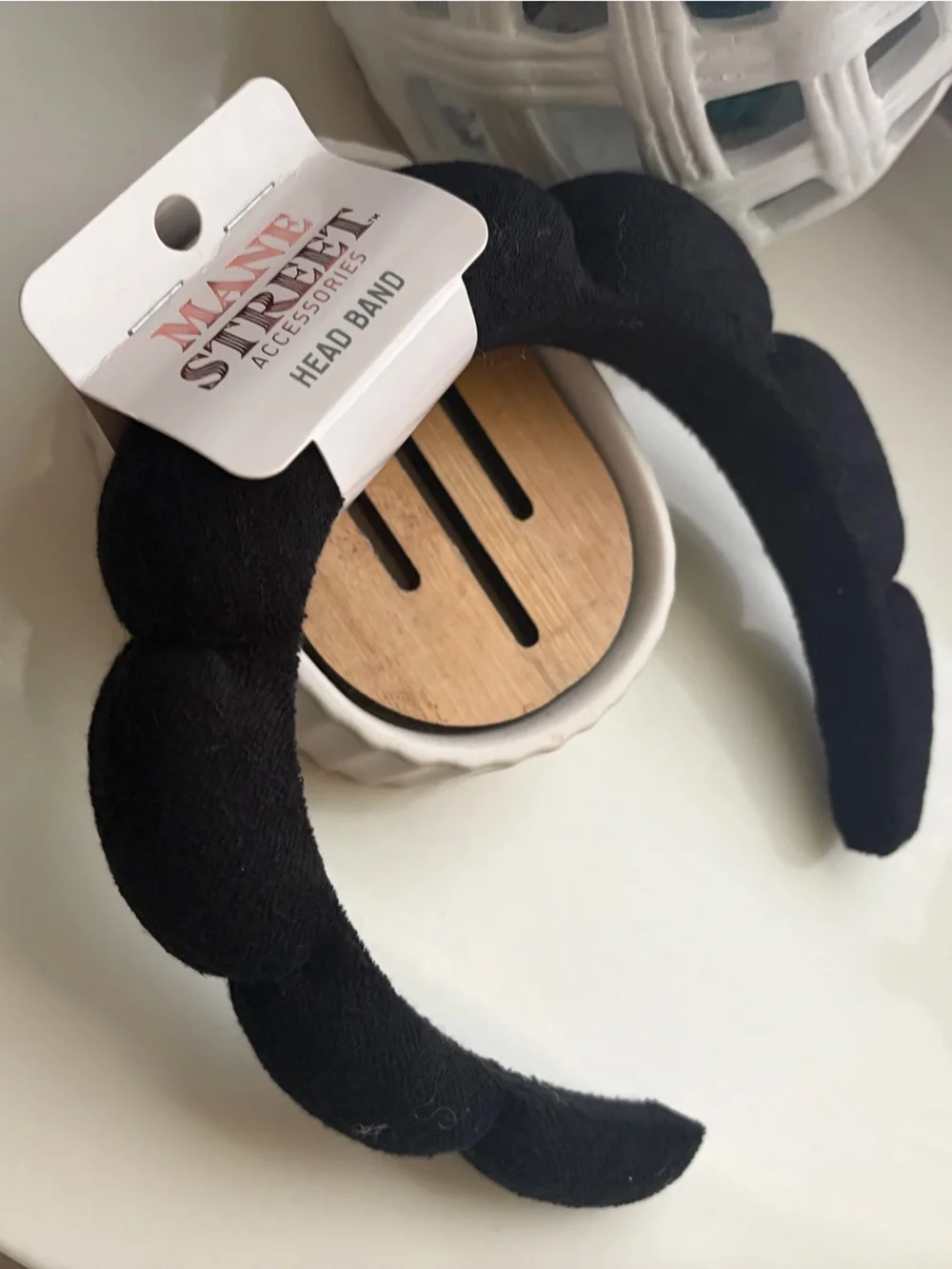 Mane Street Black Padded Scallop spa Headband with Black Bow Claw